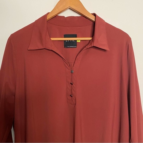 Lysse Nylon Popover Shirt Blouse Size XL Brown Stretch Cut Out Long Sleeve Tunic - Picture 8 of 15